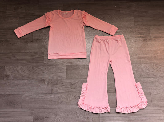 10.6 Preorder  GLP3985 Pink Cotton Bell Pants Girls Ruffle Clothes Set