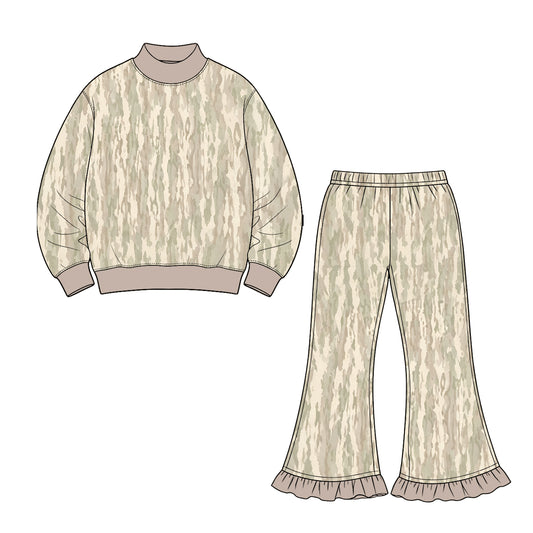 10.9 GLP3988 Preorder Camo Tie Dye Print Mock Neck Top Bell Pants Girls Clothes Set