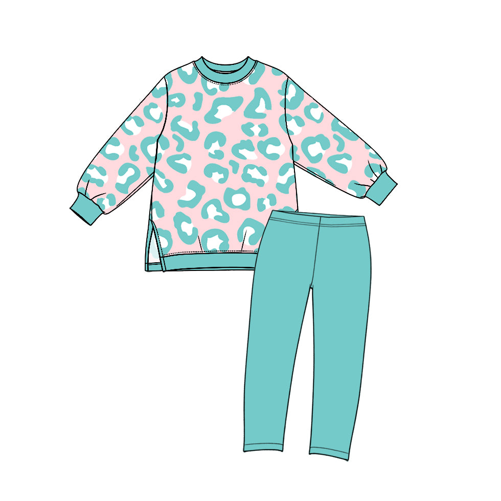 10.10 GLP3990 Preorder Kids Girls Blue Leopard Long Sleeve  Top with Leggings Set