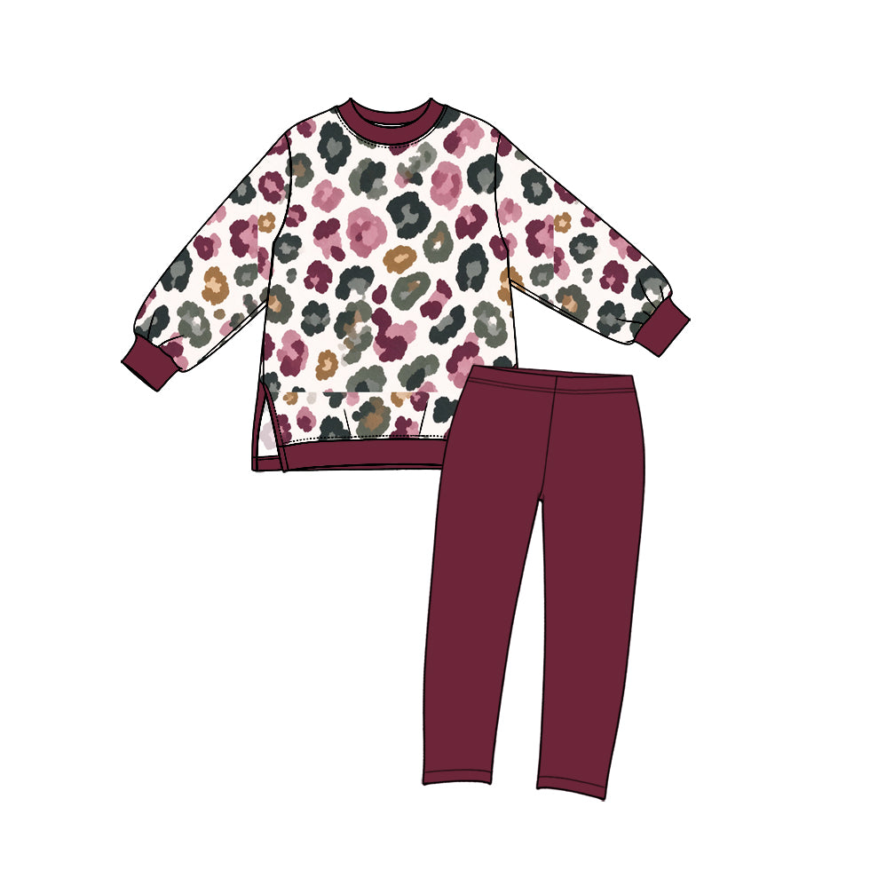 10.10 GLP3990 Preorder Kids Girls Colorful Leopard Long Sleeve  Top with Leggings Set