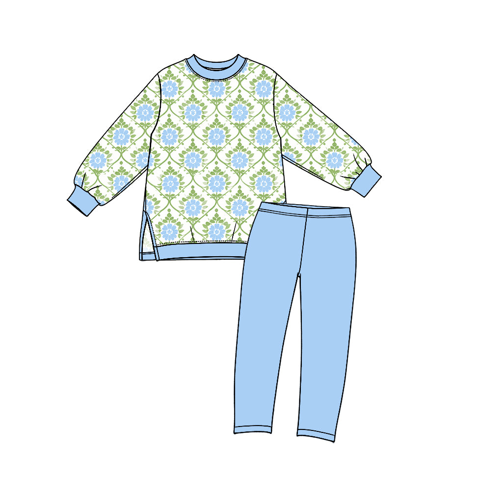 10.13 GLP3995 Preorder  Kids Girls Floral Long Sleeve Top Blue Leggings Pants Active Outfit