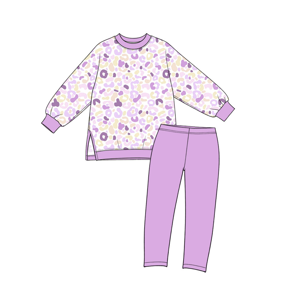 Kids Girls  Purple Leoaprd  Long Sleeve Top  Leggings Pants Active Outfit