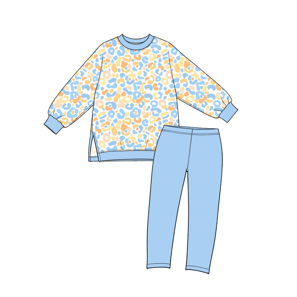 GLP4006 Preorder Kids Girls Blue Yellow Leoaprd  Long Sleeve Top  Leggings Pants Active Outfit
