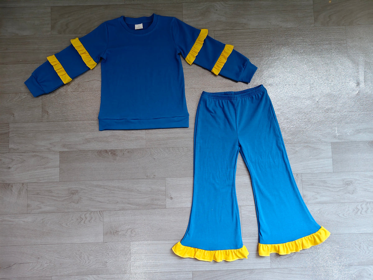 10.14 GLP4008 Preorder Kids Girls Royal Cotton Top Pants Outfit with Yellow Ruffle