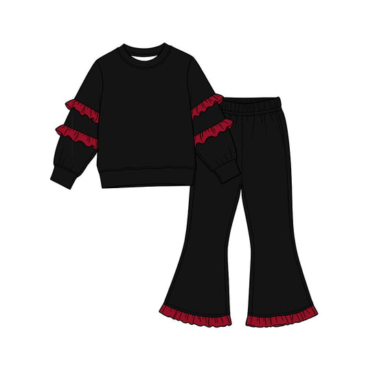 10.14 GLP4009 Preorder Kids Girls Blue Cotton Top Pants Outfit with Red Ruffle