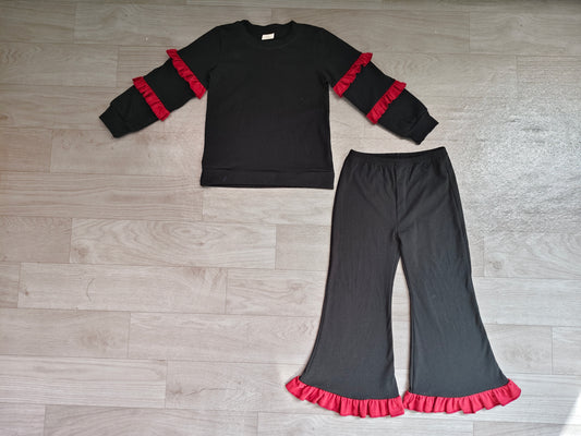 10.14 GLP4009 Preorder Kids Girls Blue Cotton Top Pants Outfit with Red Ruffle