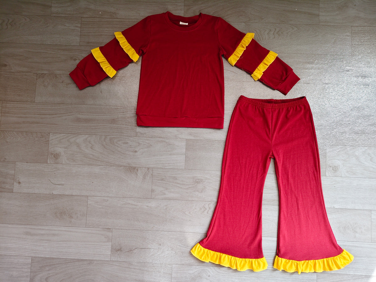 10.14 GLP4012 Preorder Kids Girls Red Cotton Top Pants Outfit with Yellow Ruffle