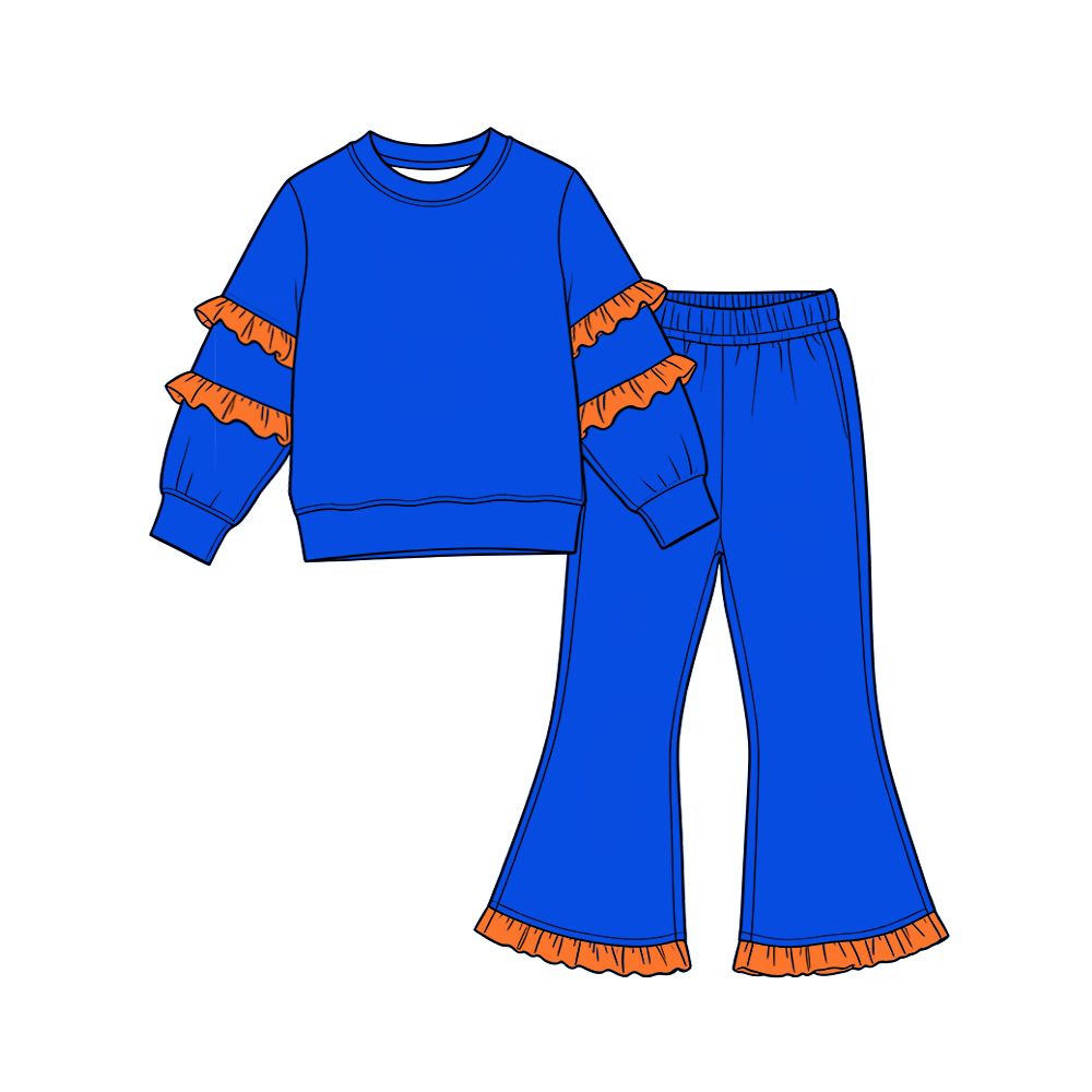10.14 GLP4015 Preorder Kids Girls Royal Blue Cotton Top Pants Outfit with Orange Ruffle