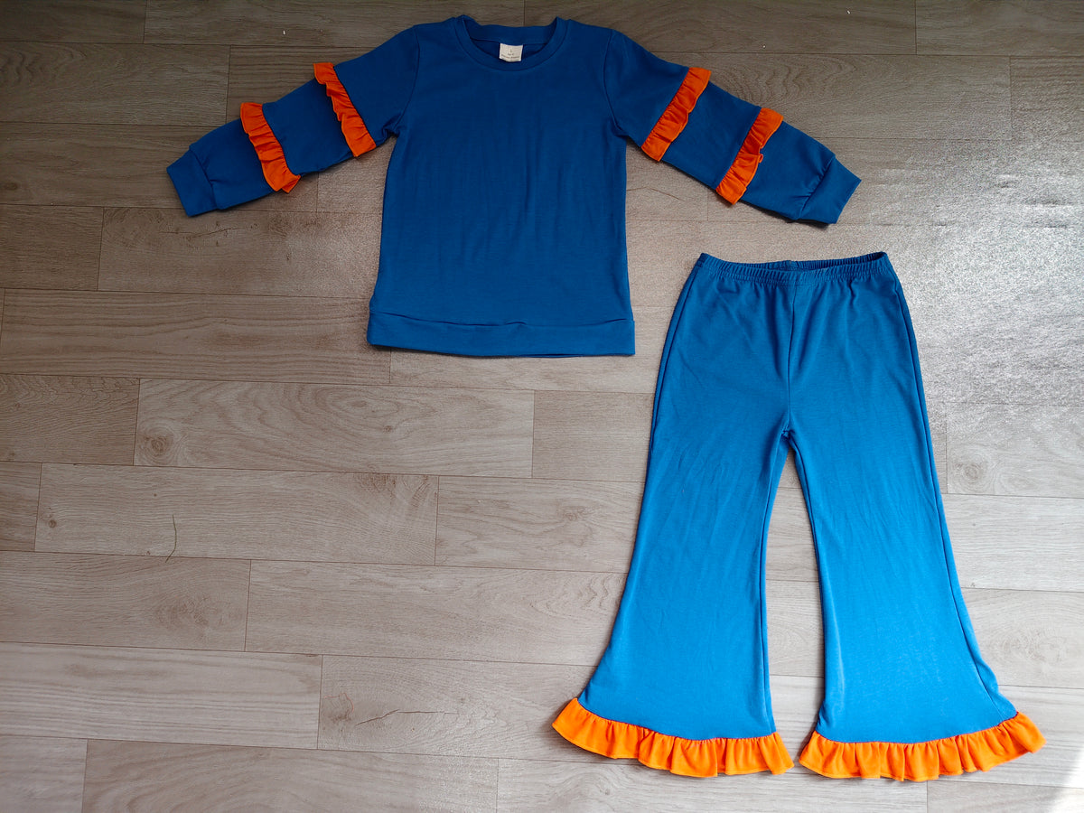 10.14 GLP4015 Preorder Kids Girls Royal Blue Cotton Top Pants Outfit with Orange Ruffle