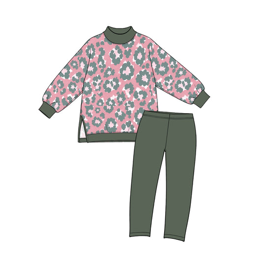 10.20 GLP4028 Preorder Pink Dark Green Leopard Top Legging Pants Girls Yoga Clothes Set
