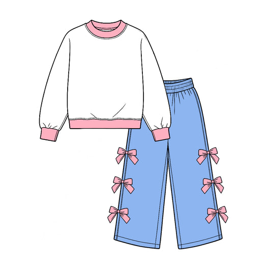 10.21 GLP4036 White Top Blue Wide Leg Pants With Pink Bows Girls Cartoon Princess Clothes Set