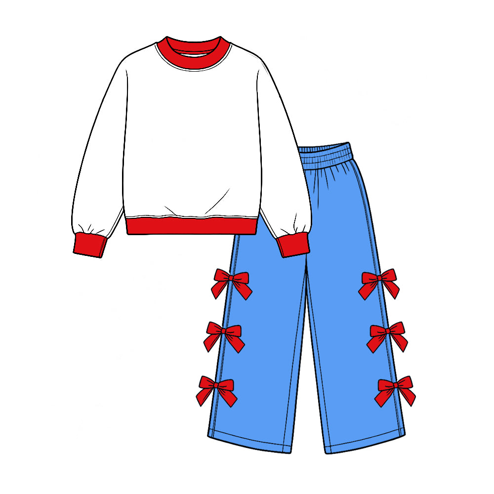 10.21 GLP4038 White Top Blue Wide Leg Pants With Red Bows Girls Cartoon Princess Clothes Set