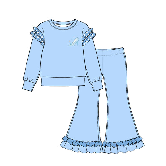 10.21 GLP4045 Glass Slipper Print Blue Top Bell Pants Girls Cartoon Princess Clothes Set