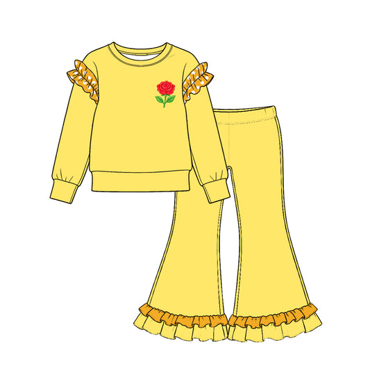 10.21 GLP4046 Rose Print Yellow Top Bell Pants Girls Cartoon Princess Clothes Set