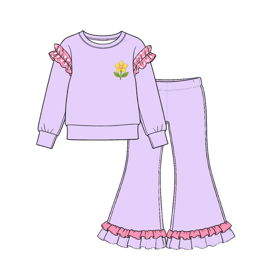 10.21 GLP4048 Flower Print Lavender Top Bell Pants Girls Cartoon Princess Clothes Set
