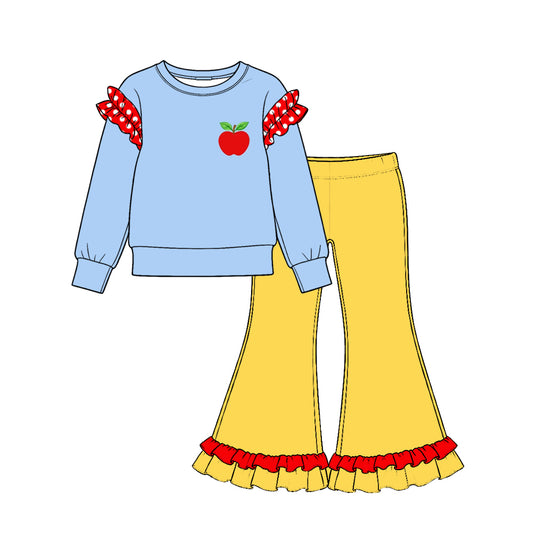 10.21 GLP4050 Apple Print Blue Top Yellow Bell Pants Girls Cartoon Princess Clothes Set