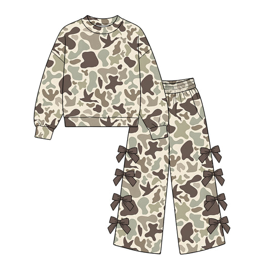10.22 GLP4055 Preorder Toddler Girl Hunting Camo Print Bow Wide Leg Pants 2Pcs Outfit Set