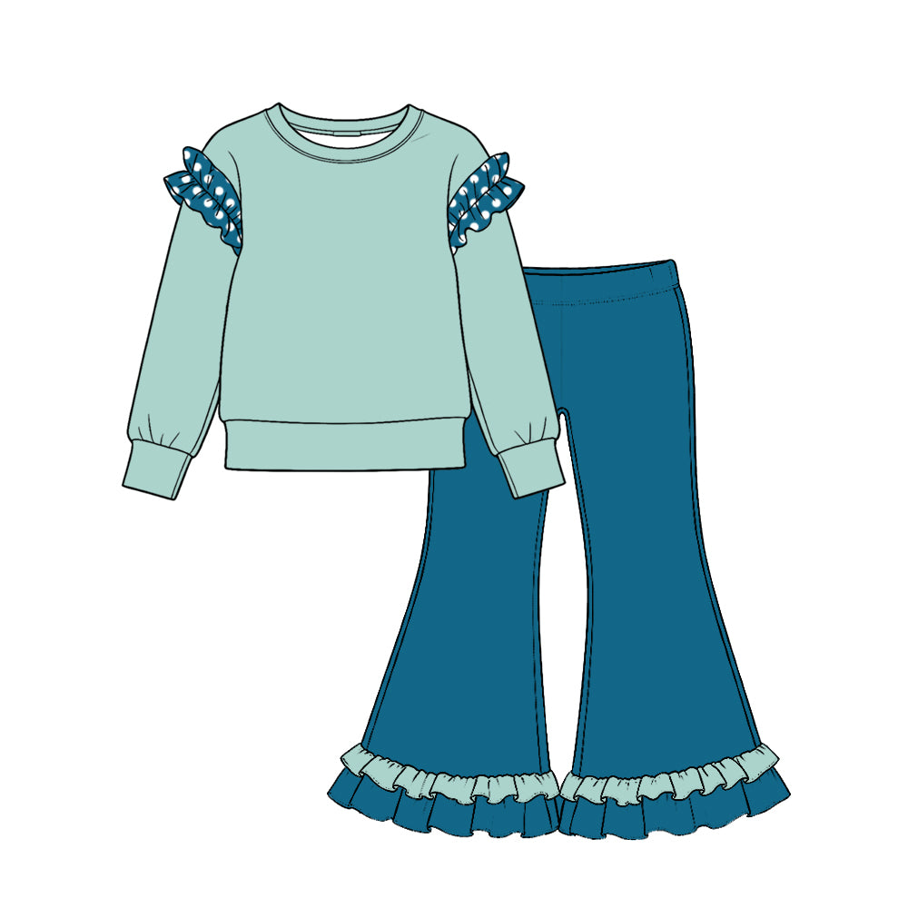 10.22 GLP4056 Toddler Girl  Sage Green Ruffle Flutter Sleeve Top & Double Ruffle Bell Bottom Pants  Outfit