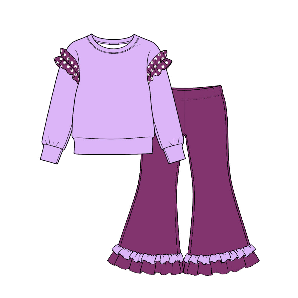 10.22 GLP4056 Toddler Girl  Purple Ruffle Flutter Sleeve Top & Double Ruffle Bell Bottom Pants  Outfit