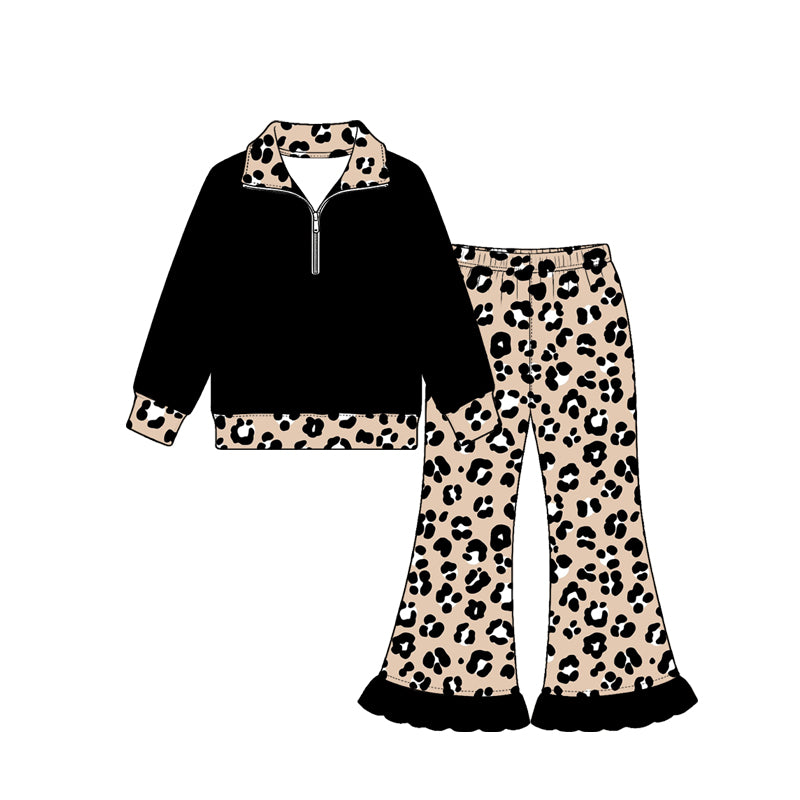 10.26 GLP4070 Preorder Kids Girls Black Pullover  Leopard Flare Pants Outfit