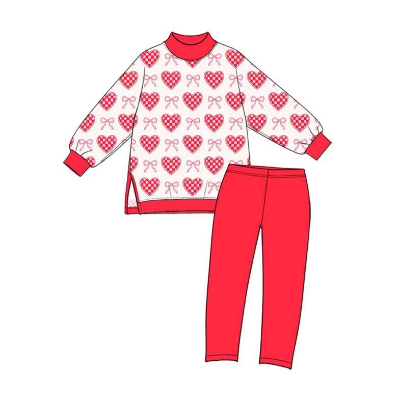10.26 GLP4074 Preorder Kids Girls Red Heart Bow Mock Neck Long  Sleeve Top Leggings Outfit
