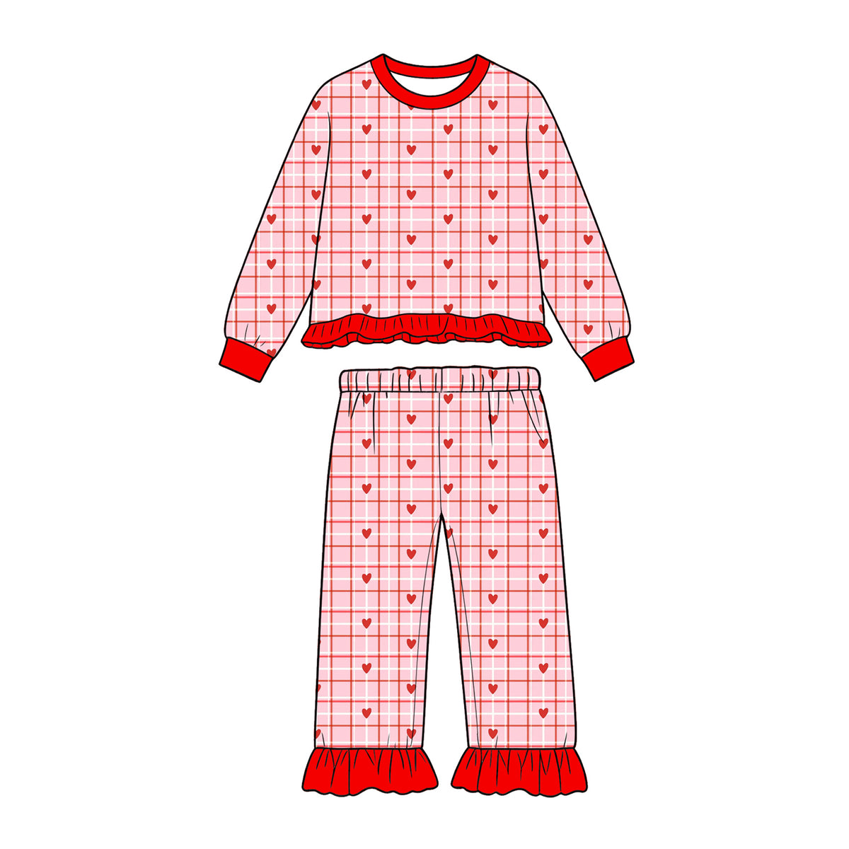 10.26 GLP4077 Preorder Toddler Girls Heart Plaid Long Sleeve Top Ruffle Pants Outfit