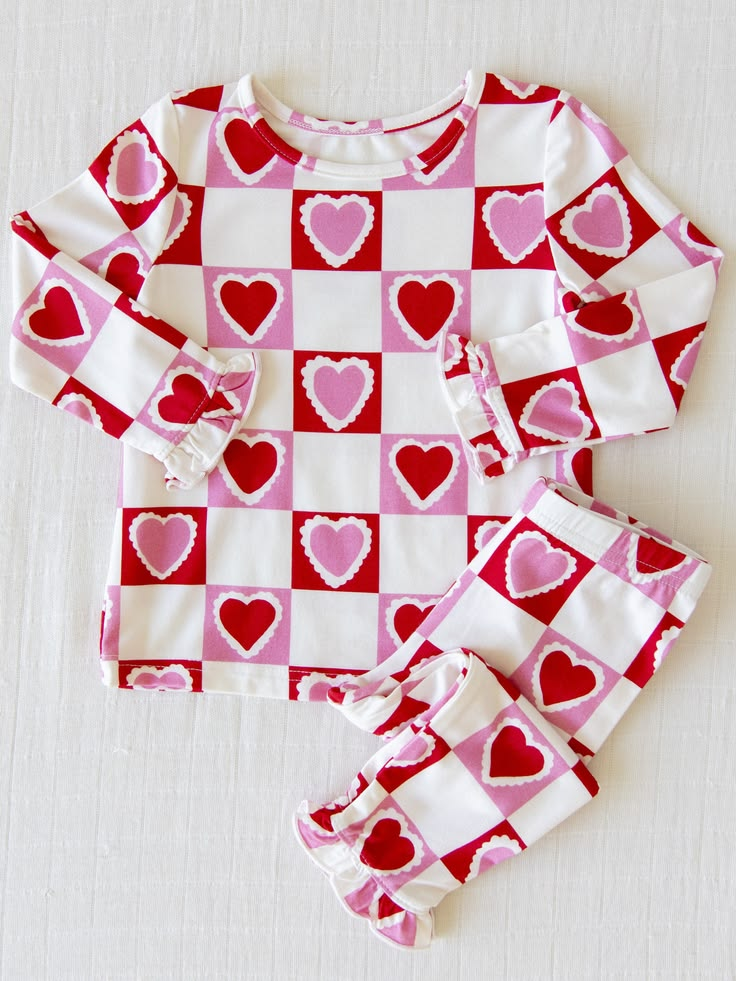 10.29 GLP4097 Preorder Kids Girls Valentine's Day Heart Checked Ruffle Pajama Set