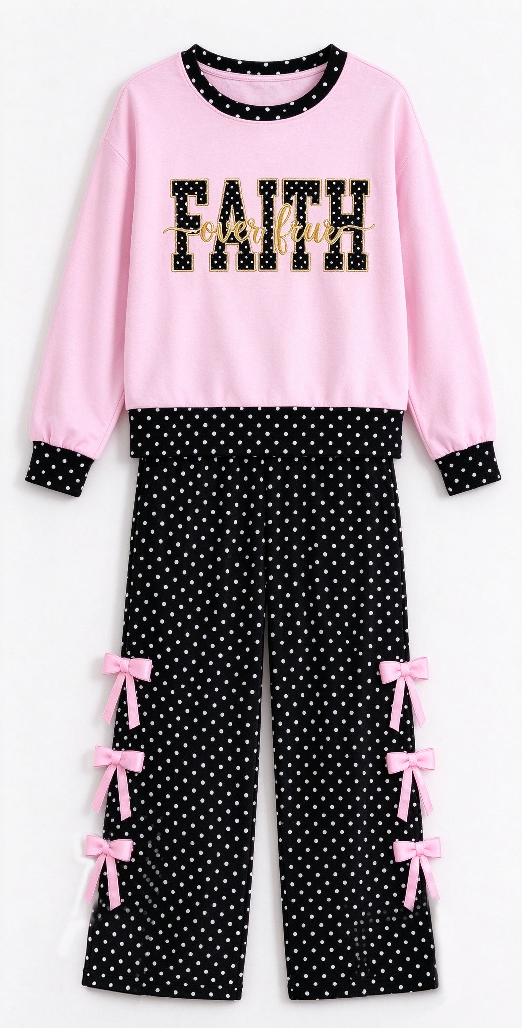 10.30 GLP4109 Preorder Baby Girls Faith Pink Top Black Polka Dot Pants Outfit
