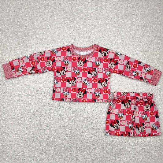 Baby Girls Cartoon Mouse Duck Checked Long Sleeve Top Shorts Outfit