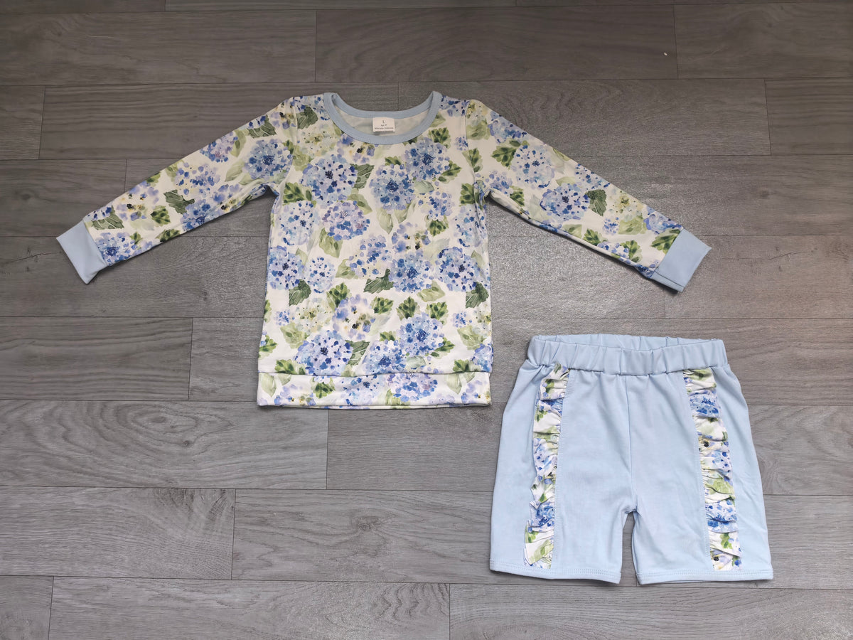 GLS0013 Preorder Floral Long Sleeve Top Ruffle Shorts Girls Clothes Set