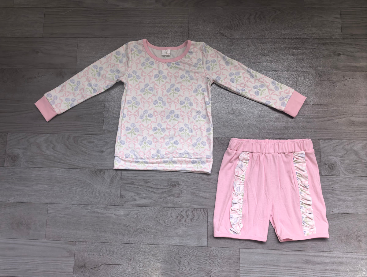 GLS0014 Preorder Pink Floral Bows Long Sleeve Top Ruffle Shorts Girls Clothes Set