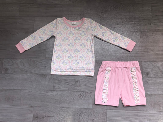 GLS0014 Preorder Pink Floral Bows Long Sleeve Top Ruffle Shorts Girls Clothes Set