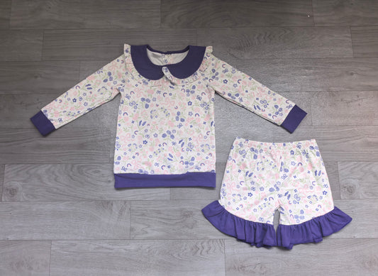 GLS0033 Preorder Floral Bows Long Sleeve Top Ruffle Shorts Girls Clothes Set