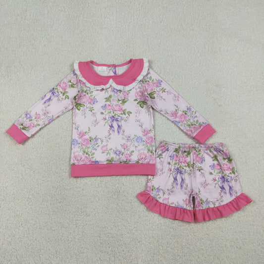 Sibling Baby Girls Long Sleeve Pink Flowers Collar Top Ruffle Skirt Shorts Clothes Sets