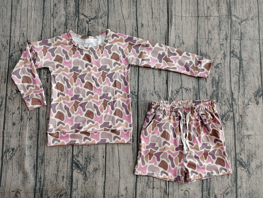 (In Production) Baby Girls Pink Brown Camo Top Pockets Shorts Outfit
