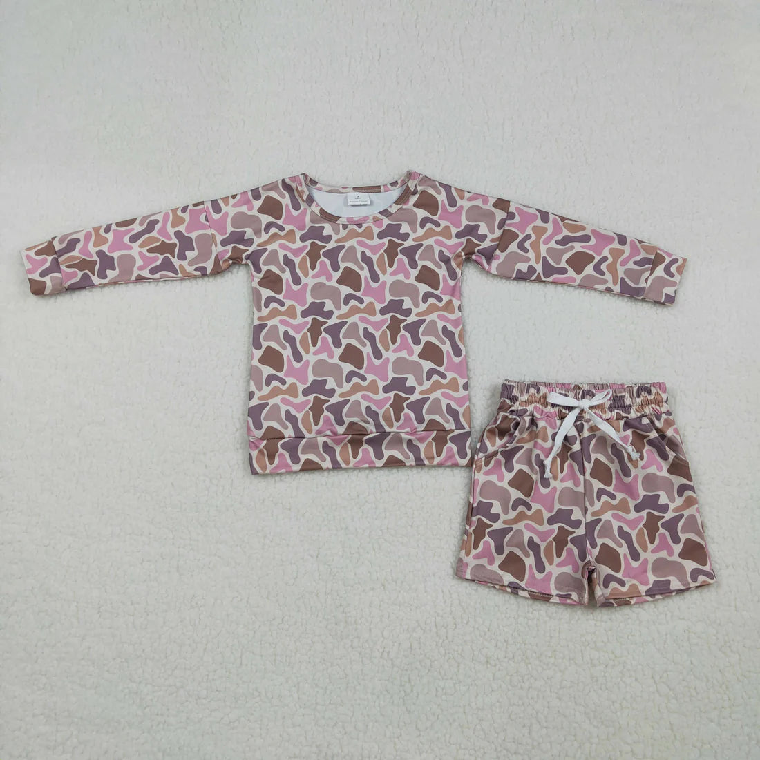Sibling Baby Girls Long Sleeve Pink Camo Tie-dye Print Top Pockets Short Clothes Sets