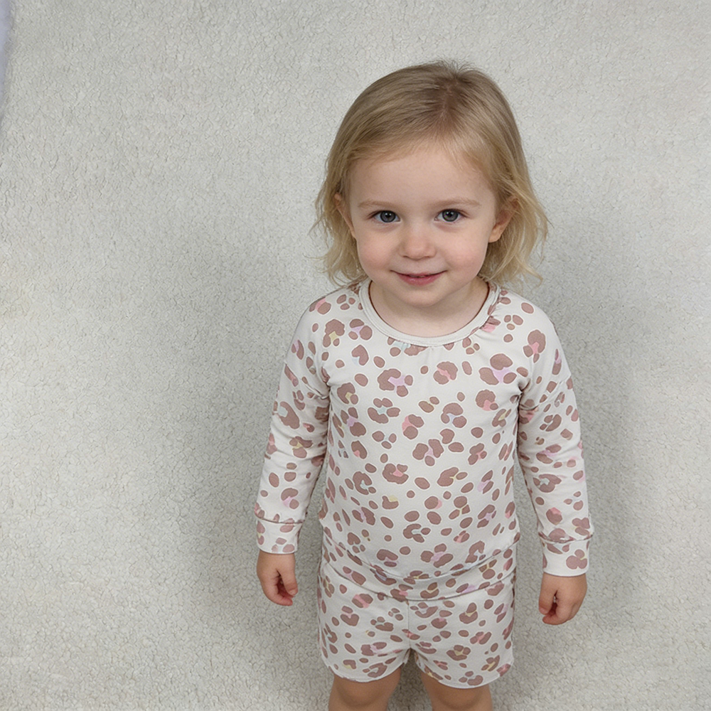 GLS0093 Leopard Long Sleeve Top Pockets Shorts Girls Clothes Sets