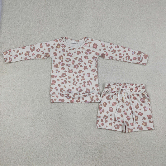 GLS0093 Leopard Long Sleeve Top Pockets Shorts Girls Clothes Sets