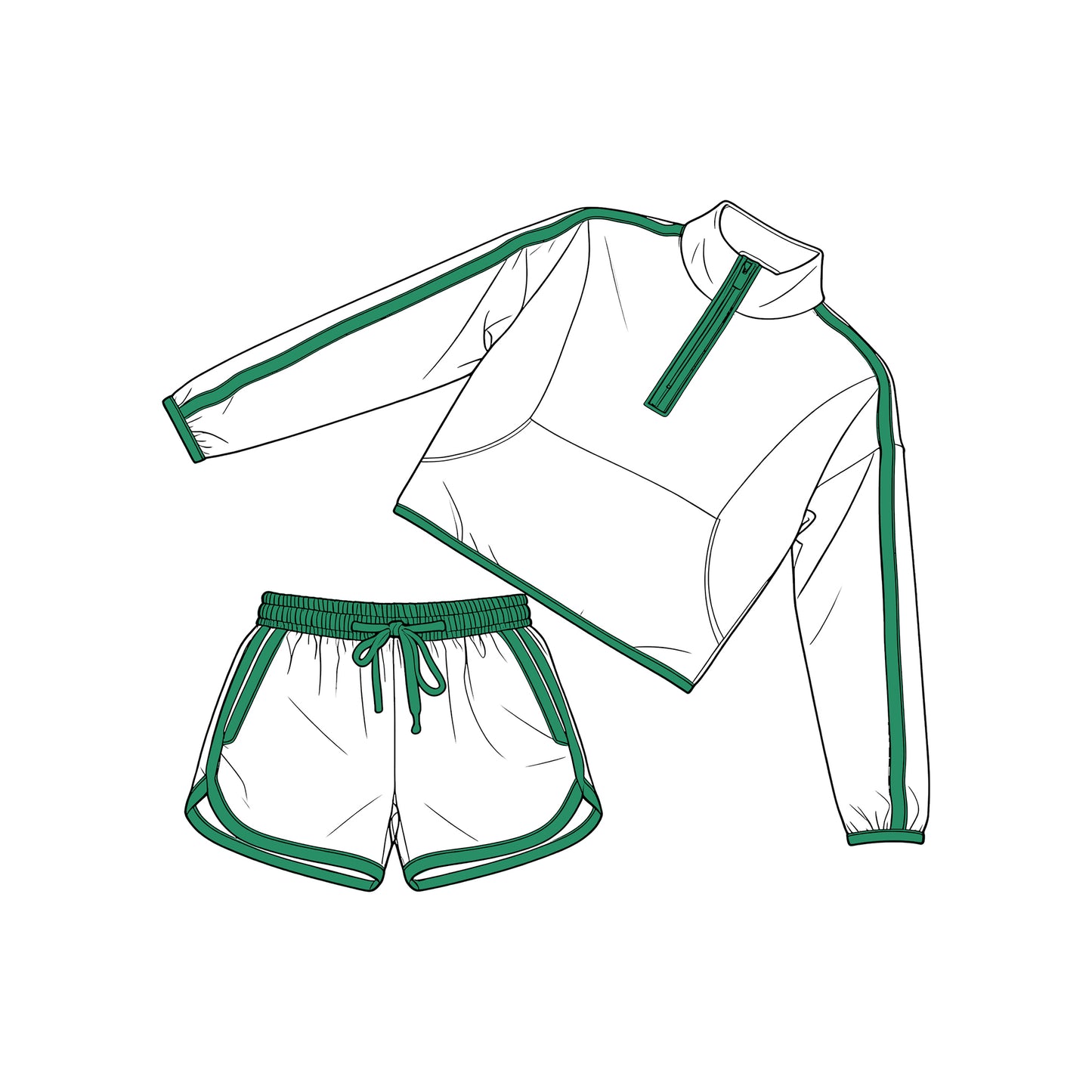 3.25 GLS0096 Baby Girls Long Sleeve Green Pockets Zip Pullover Top Short Clothes Set Preorder