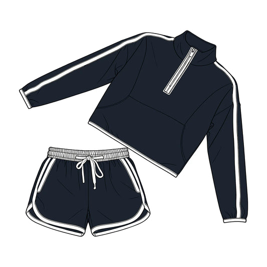A3.26 dult Women Navy Pocket Zip Pullover Top Shorts Clothes Set Preorder