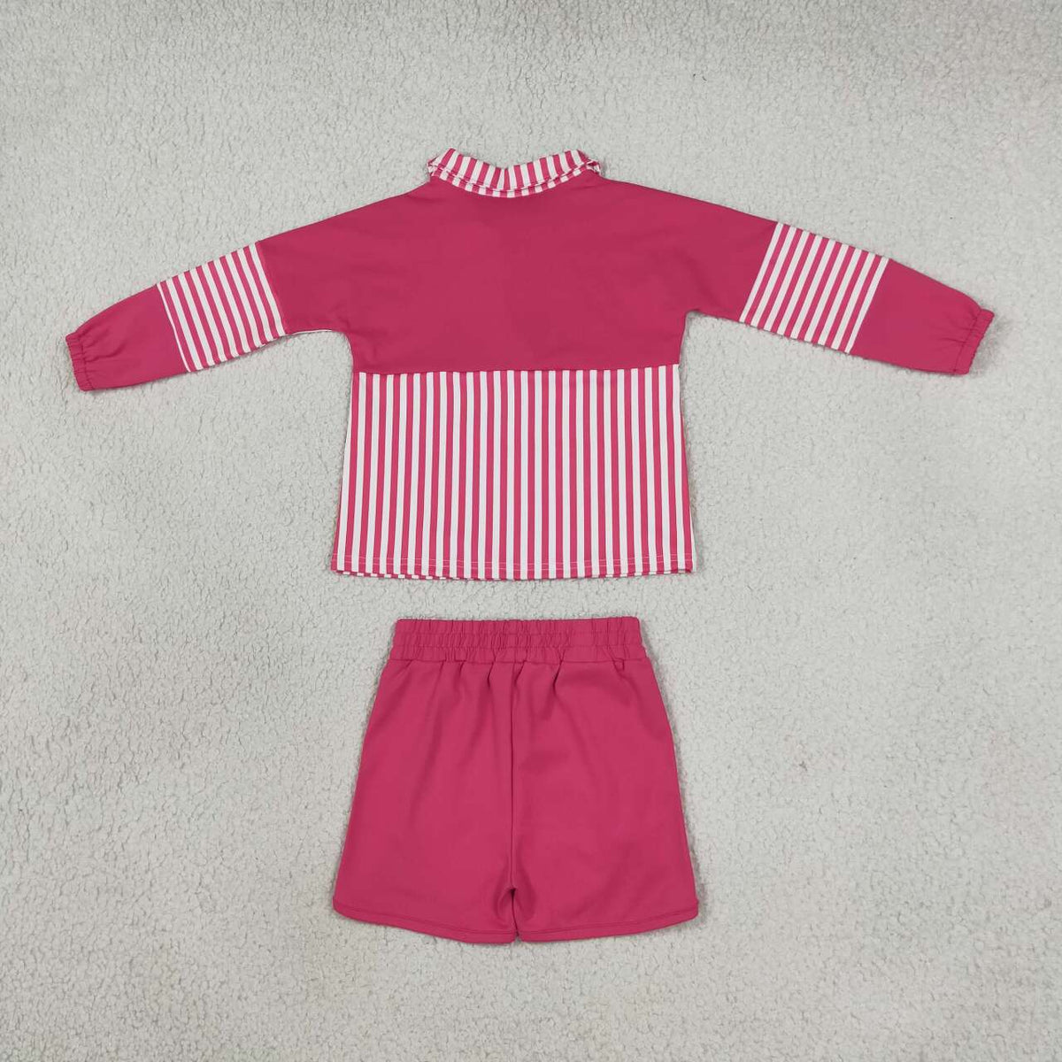 GLS0106 Hot Pink Stripes Print Zipper Top Shorts Girls Yoga Clothes Set