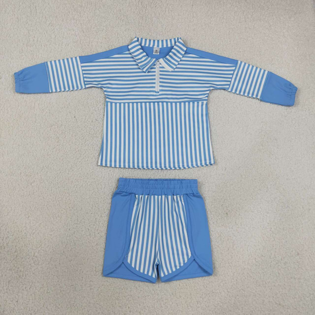 GLS0107 Blue Stripes Print Zipper Top Shorts Girls Yoga Clothes Set