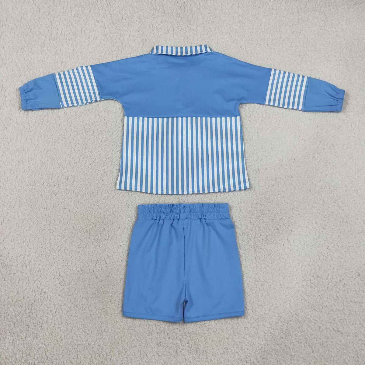 GLS0107 Blue Stripes Print Zipper Top Shorts Girls Yoga Clothes Set