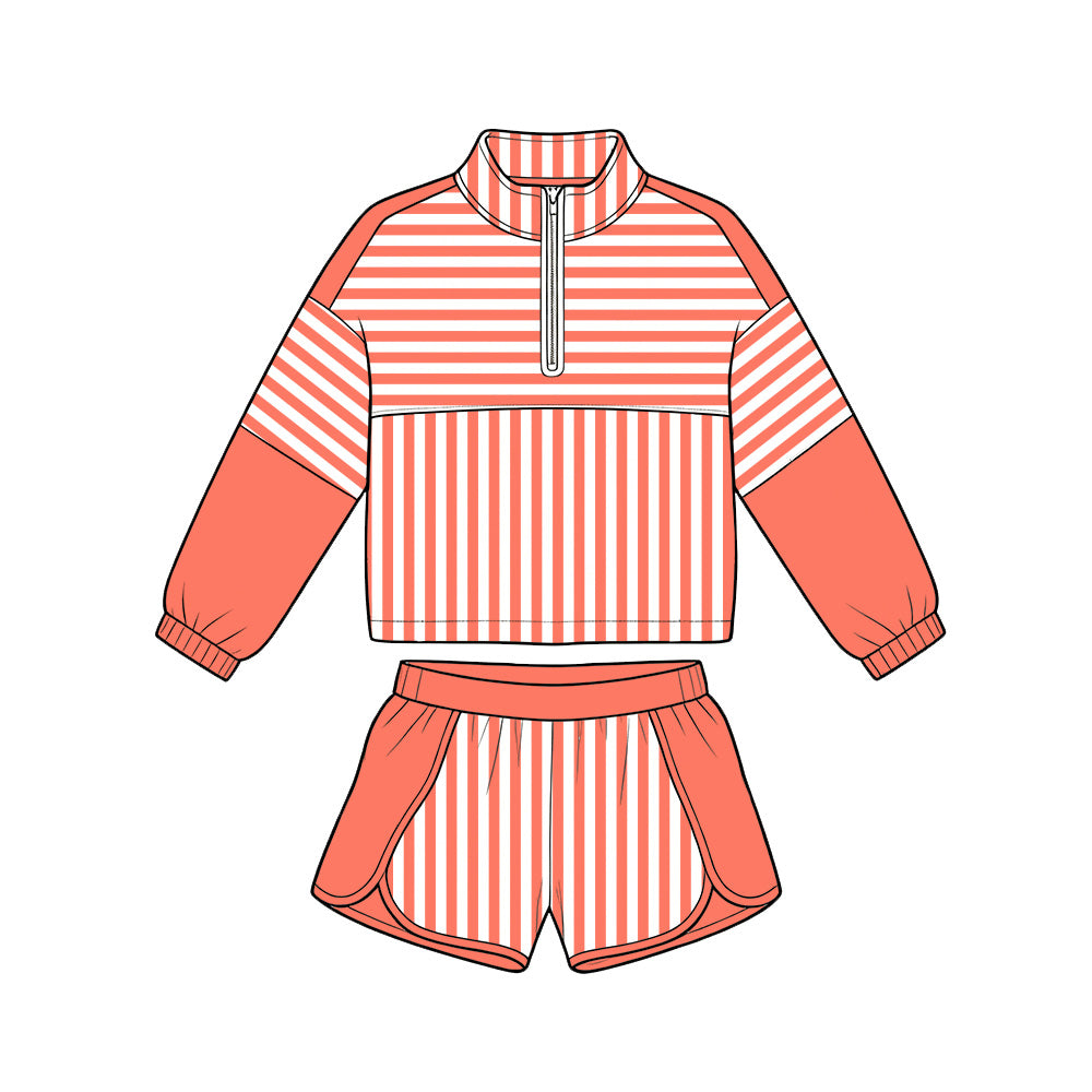 6.19 GLS0108 Preorder Orange Stripes Print Zipper Top Shorts Girls Yoga Clothes Set