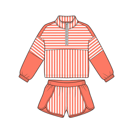 6.19 GLS0108 Preorder Orange Stripes Print Zipper Top Shorts Girls Yoga Clothes Set