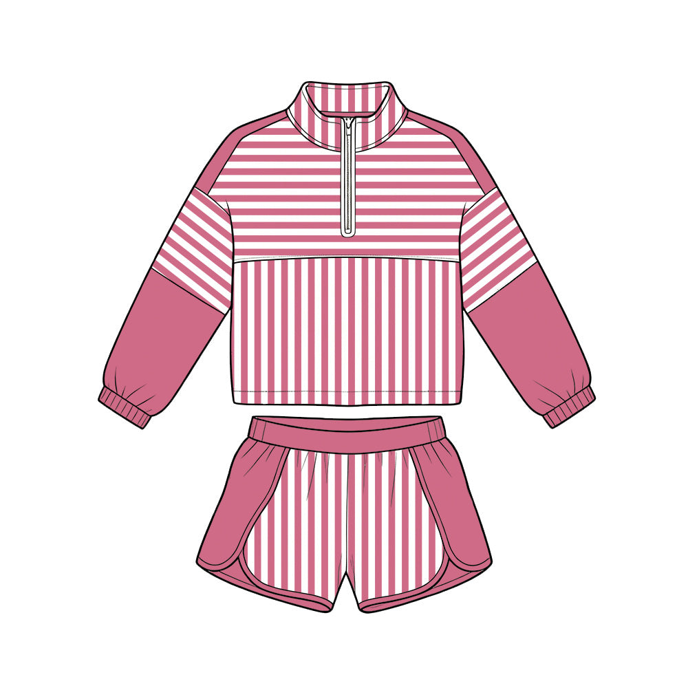 6.19 GLS0112 Preorder Dark Pink Stripes Print Zipper Top Shorts Girls Yoga Clothes Set