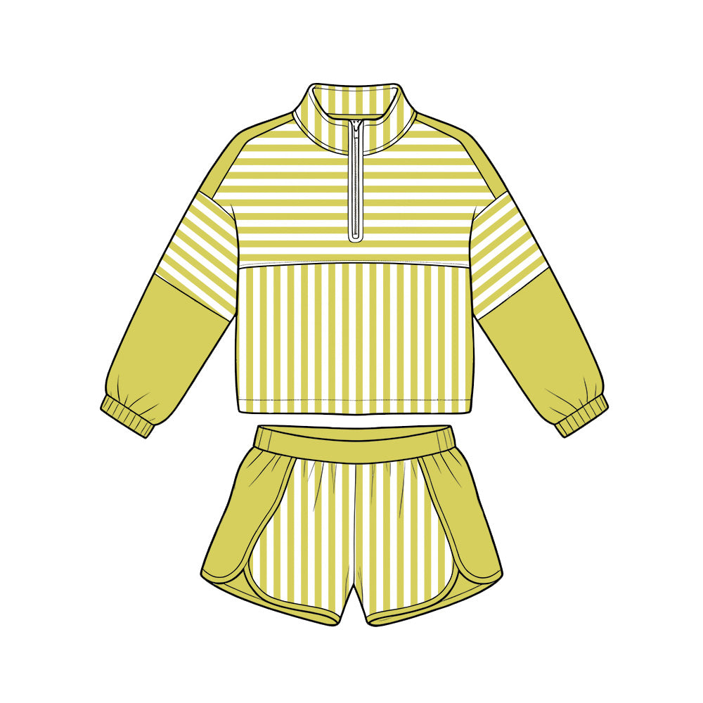 6.19 GLS0113 Preorder Matcha Yellow Stripes Print Zipper Top Shorts Girls Yoga Clothes Set