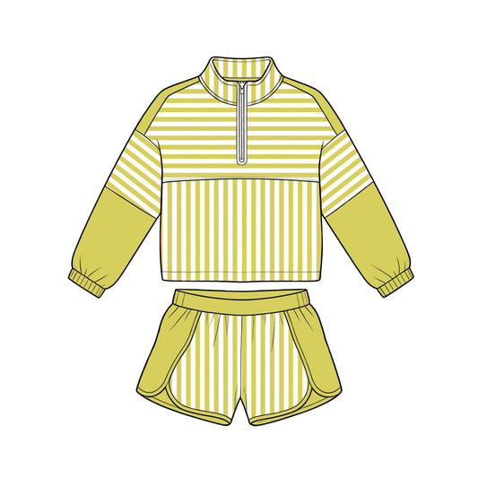6.19 GLS0113 Preorder Matcha Yellow Stripes Print Zipper Top Shorts Girls Yoga Clothes Set
