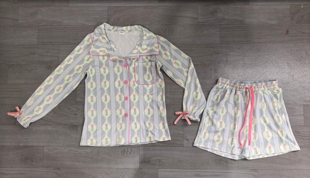 6.19 GLS0114 Preorder Christmas Tree Blue Long Sleeve Top Pockets Shorts Woman Pajamas Clothes Set