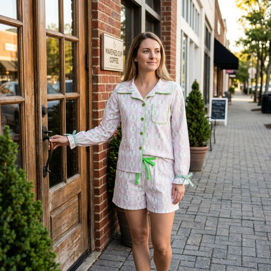 GLS0115 Tree Pink Long Sleeve Top Pockets Shorts Woman Christmas Buttons Pajamas Clothes Set